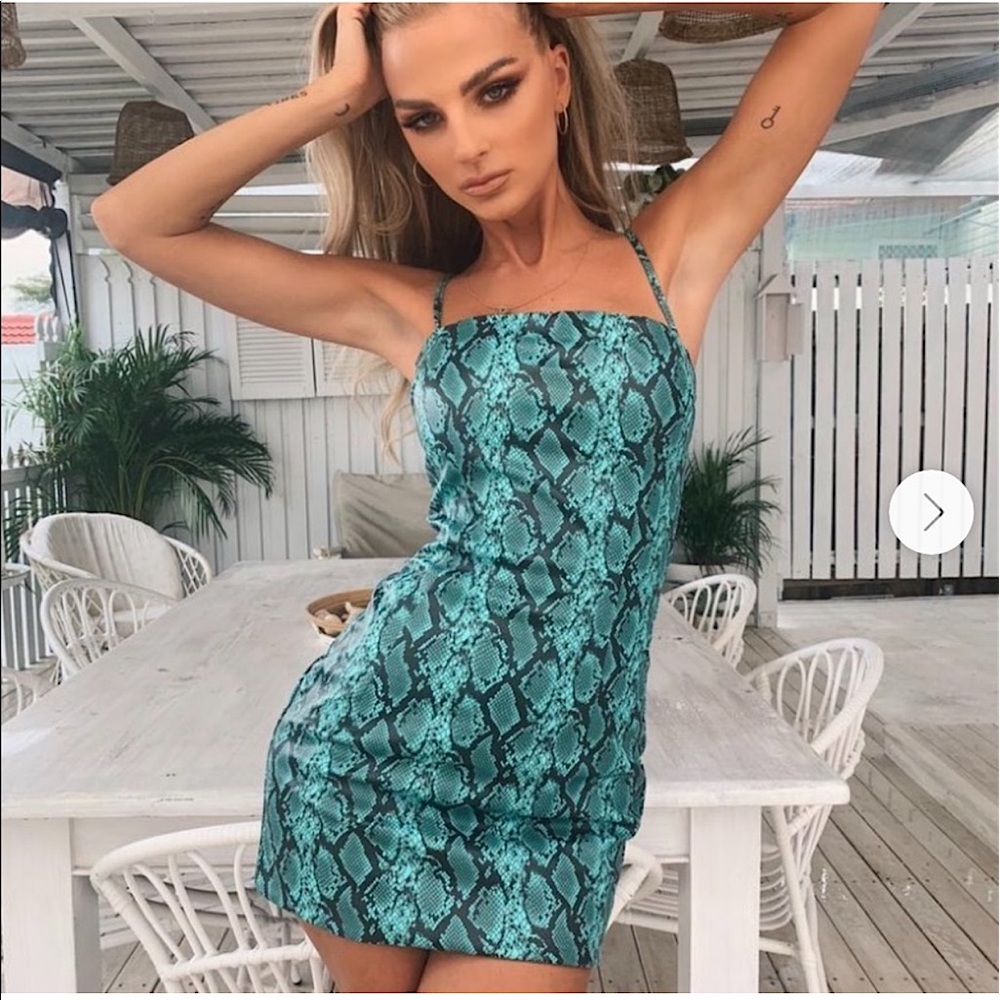 Dolls Kill Royal Viper Dress Tiger Mist Blue Snake Print Leather Mini Dress